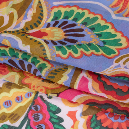 Crinkled Polyester Georgette Print - Pale Blue, Hot Pink and Deep Golden Yellow Artisan Floral - Designer Deadstock
