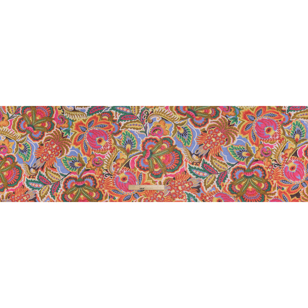 Crinkled Polyester Georgette Print - Pale Blue, Hot Pink and Deep Golden Yellow Artisan Floral - Designer Deadstock - Full