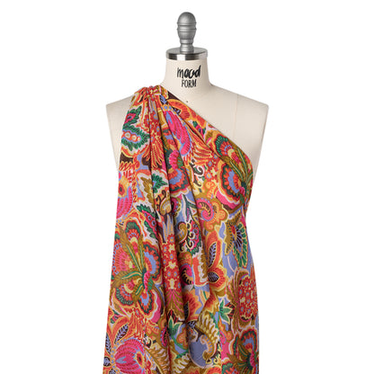 Crinkled Polyester Georgette Print - Pale Blue, Hot Pink and Deep Golden Yellow Artisan Floral - Designer Deadstock