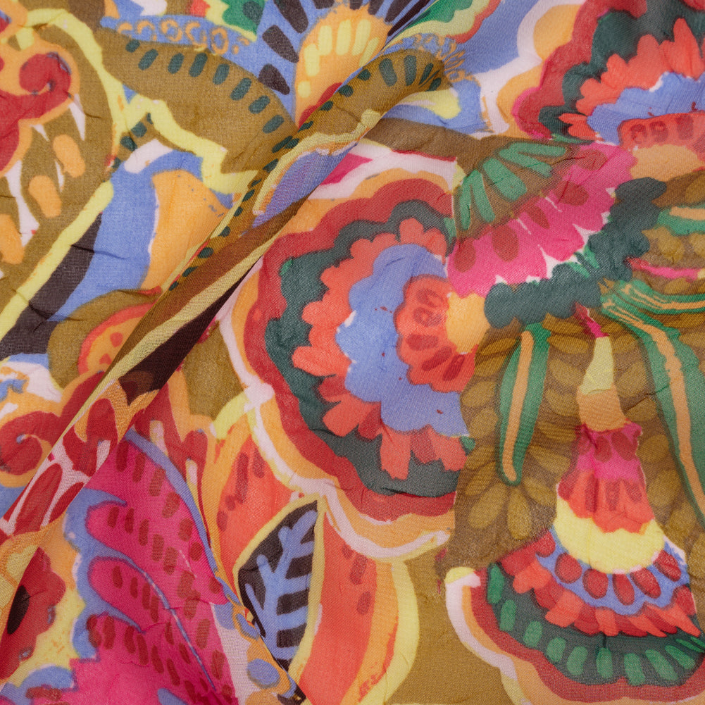 Crinkled Polyester Georgette Print - Pale Blue, Hot Pink and Deep Golden Yellow Artisan Floral - Designer Deadstock