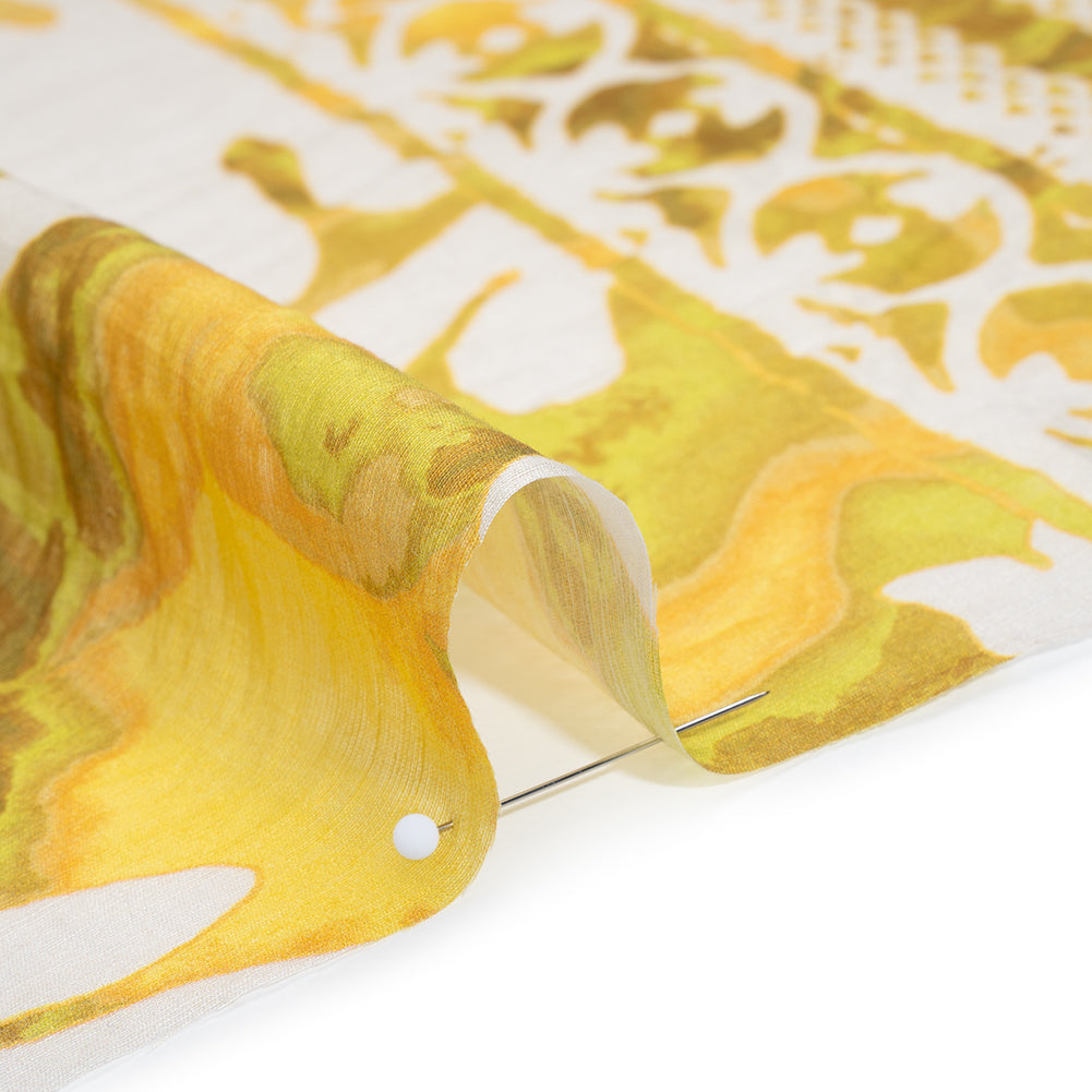 Tencel and Nylon Woven Print - Sunny Yellow, Light Green and Cream Antique Foliage - Designer Deadstock - Detail