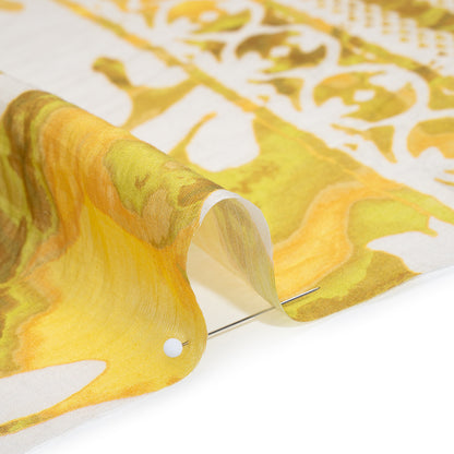Tencel and Nylon Woven Print - Sunny Yellow, Light Green and Cream Antique Foliage - Designer Deadstock