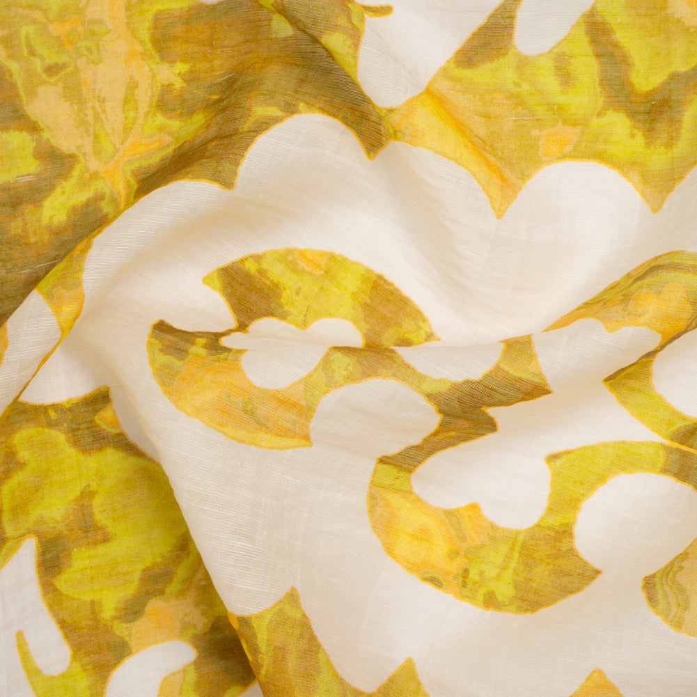 Tencel and Nylon Woven Print - Sunny Yellow, Light Green and Cream Antique Foliage - Designer Deadstock