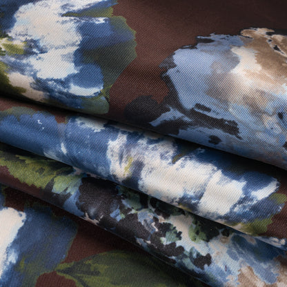 Polyester Mikado Print - Mocha Brown, Blue and Jade Green Floral - Designer Deadstock