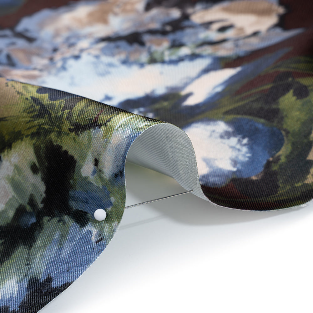 Polyester Mikado Print - Mocha Brown, Blue and Jade Green Floral - Designer Deadstock - Detail