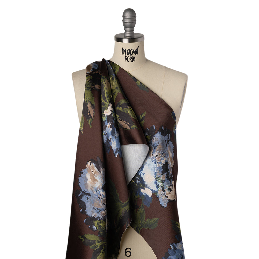 Polyester Mikado Print - Mocha Brown, Blue and Jade Green Floral - Designer Deadstock - Drape