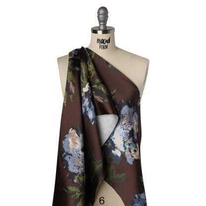 Polyester Mikado Print - Mocha Brown, Blue and Jade Green Floral - Designer Deadstock