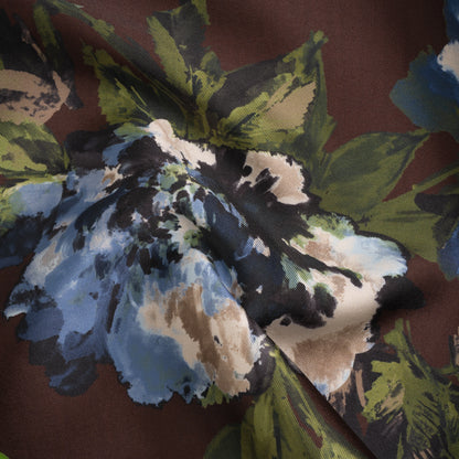 Polyester Mikado Print - Mocha Brown, Blue and Jade Green Floral - Designer Deadstock