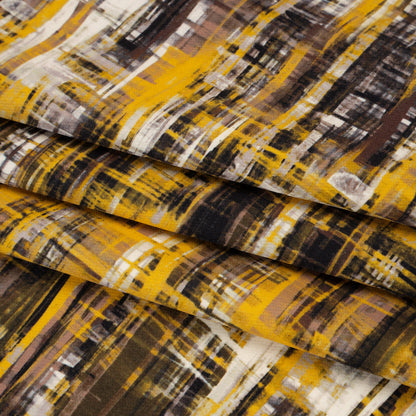 Stretch Polyester Woven Print - Sunset Yellow, Tan Brown, Cream Scribble - Designer Deadstock