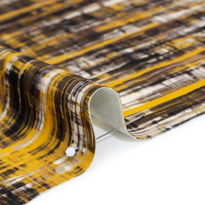 Stretch Polyester Woven Print - Sunset Yellow, Tan Brown, Cream Scribble - Designer Deadstock