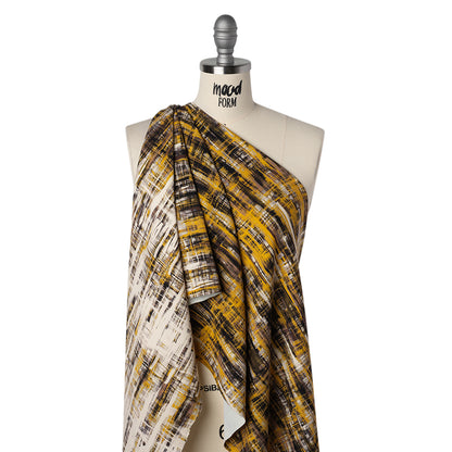 Stretch Polyester Woven Print - Sunset Yellow, Tan Brown, Cream Scribble - Designer Deadstock