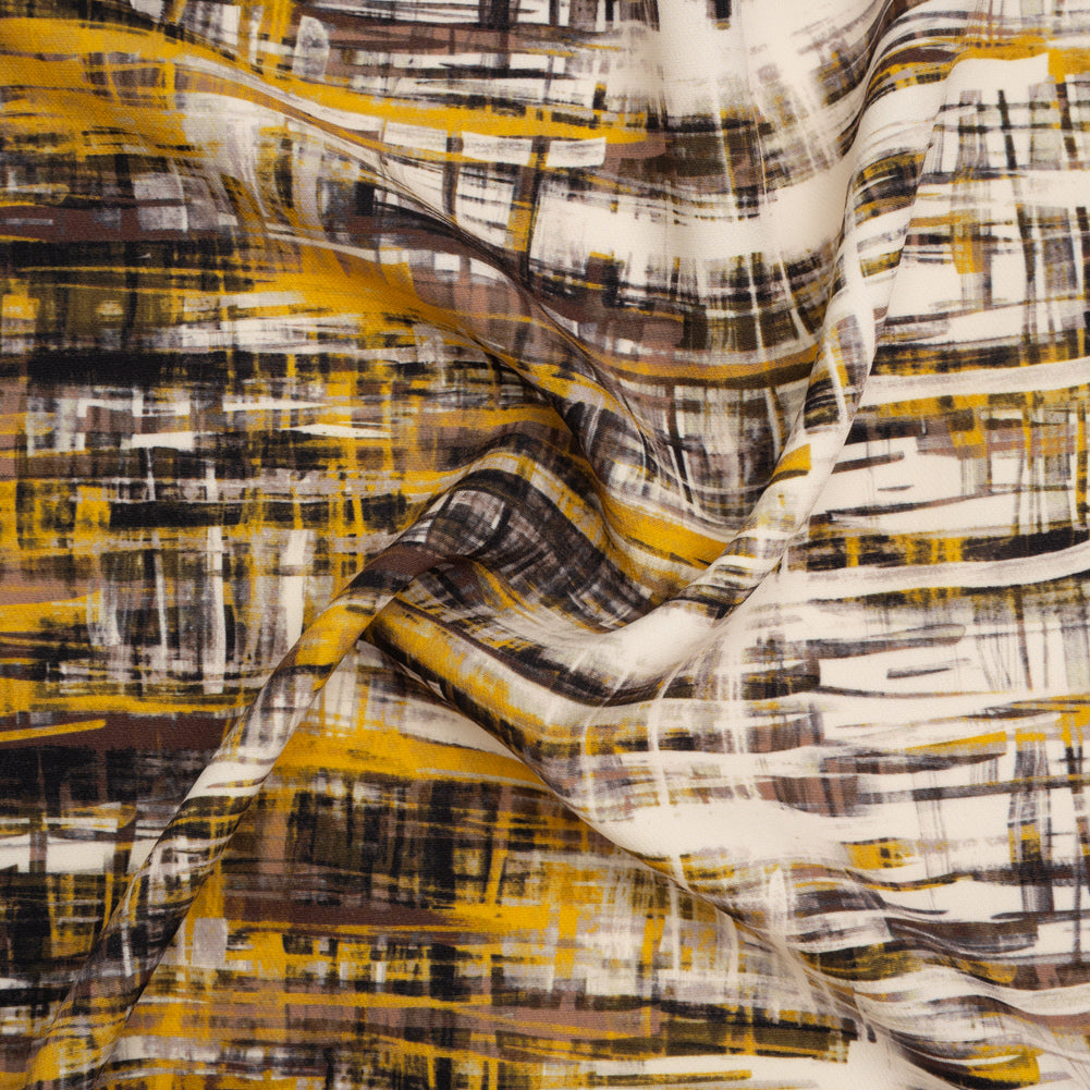 Stretch Polyester Woven Print - Sunset Yellow, Tan Brown, Cream Scribble - Designer Deadstock