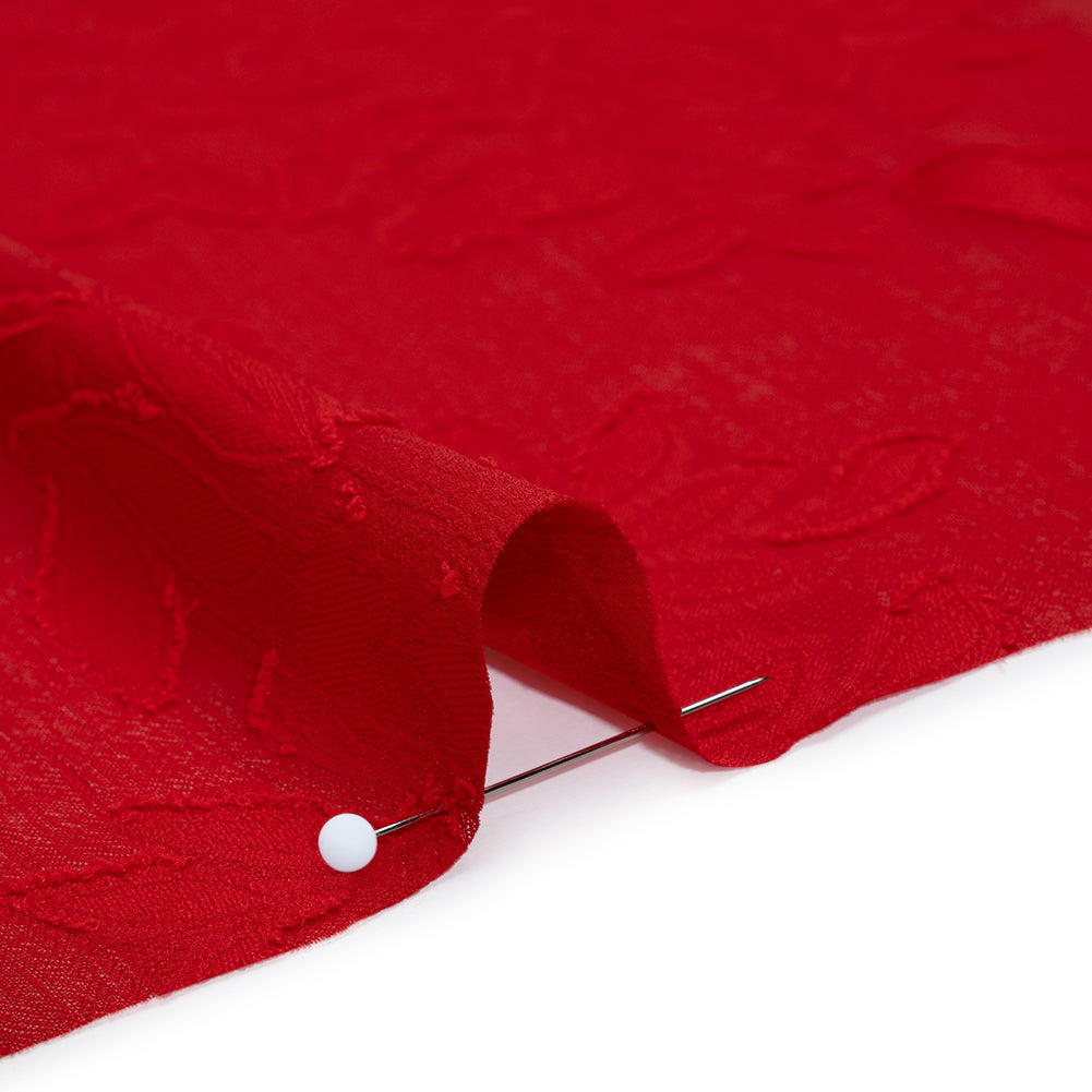 Crinkled Polyester Burnout Jacquard Chiffon - Rio Red Floral - Designer Deadstock - Detail