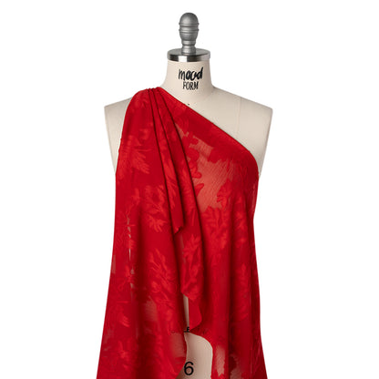 Crinkled Polyester Burnout Jacquard Chiffon - Rio Red Floral - Designer Deadstock