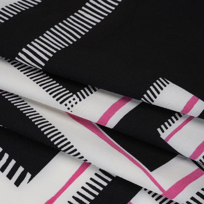 Satin-Faced Polyester Crepe Print - Black, Pink and White Abstract Geometric - Designer Deadstock