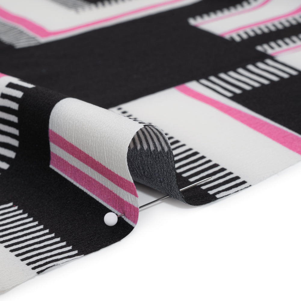 Satin-Faced Polyester Crepe Print - Black, Pink and White Abstract Geometric - Designer Deadstock - Detail