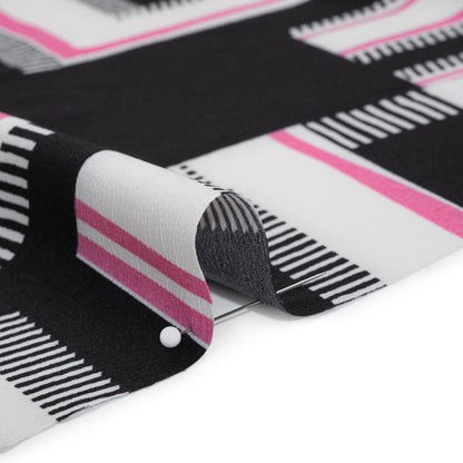 Satin-Faced Polyester Crepe Print - Black, Pink and White Abstract Geometric - Designer Deadstock