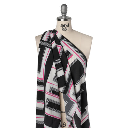 Satin-Faced Polyester Crepe Print - Black, Pink and White Abstract Geometric - Designer Deadstock