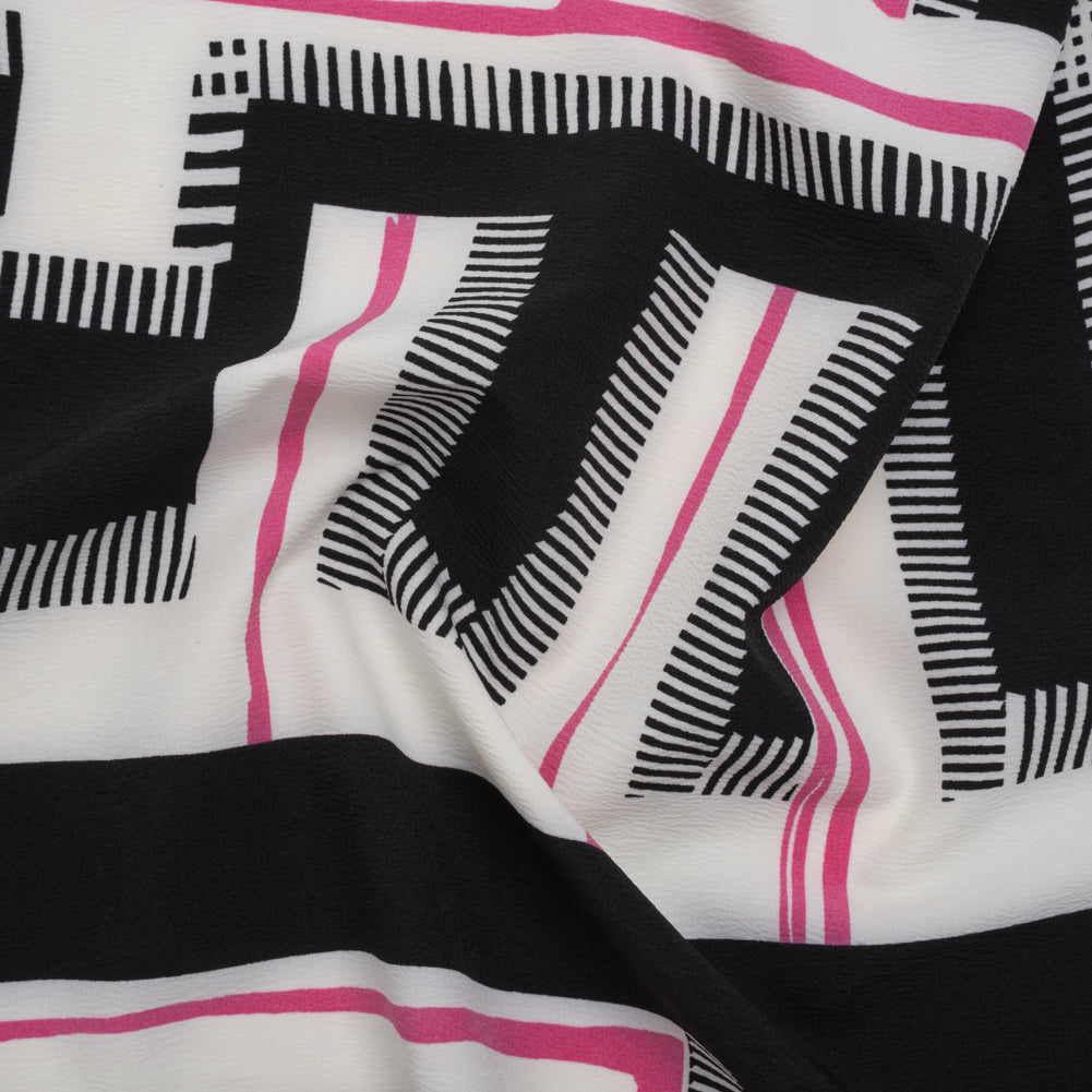 Satin-Faced Polyester Crepe Print - Black, Pink and White Abstract Geometric - Designer Deadstock