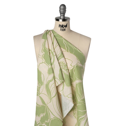 Linen and Rayon Woven Print - Chartreuse Green and Cream Bold Floral - Deadstock