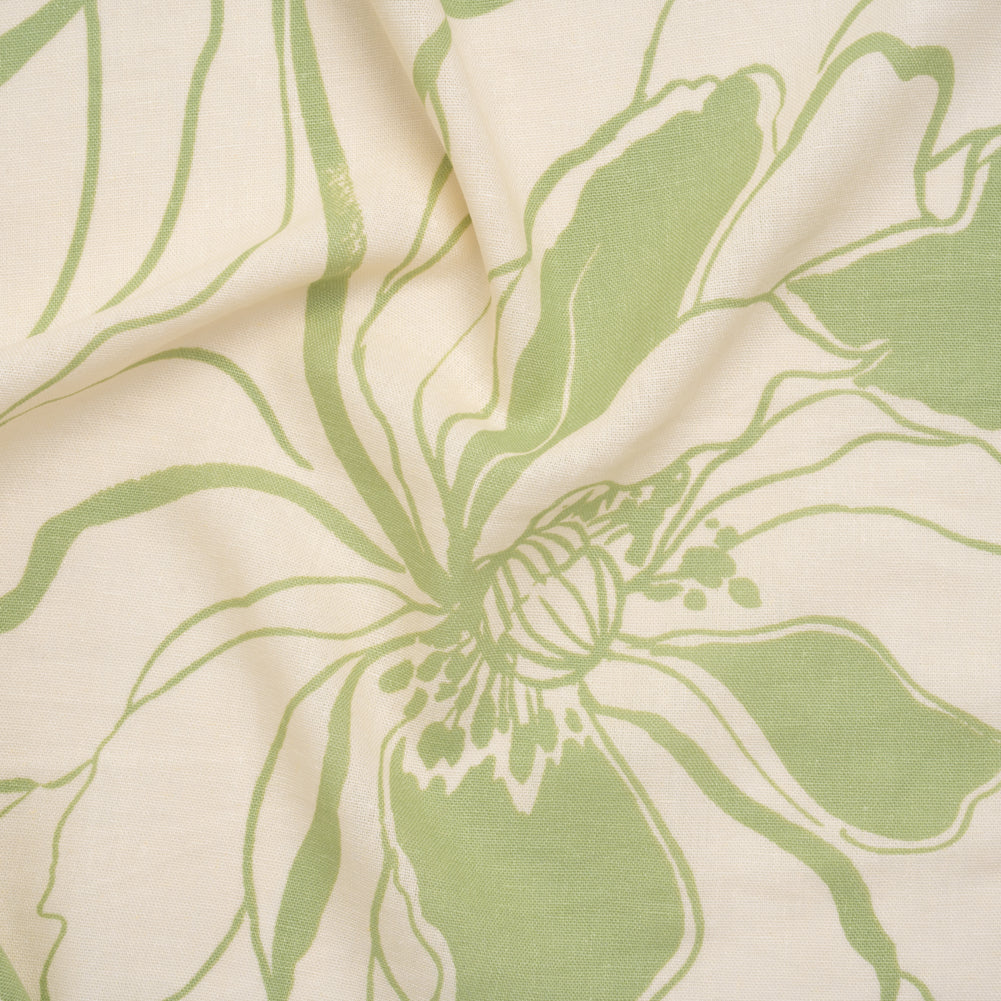 Linen and Rayon Woven Print - Chartreuse Green and Cream Bold Floral - Deadstock