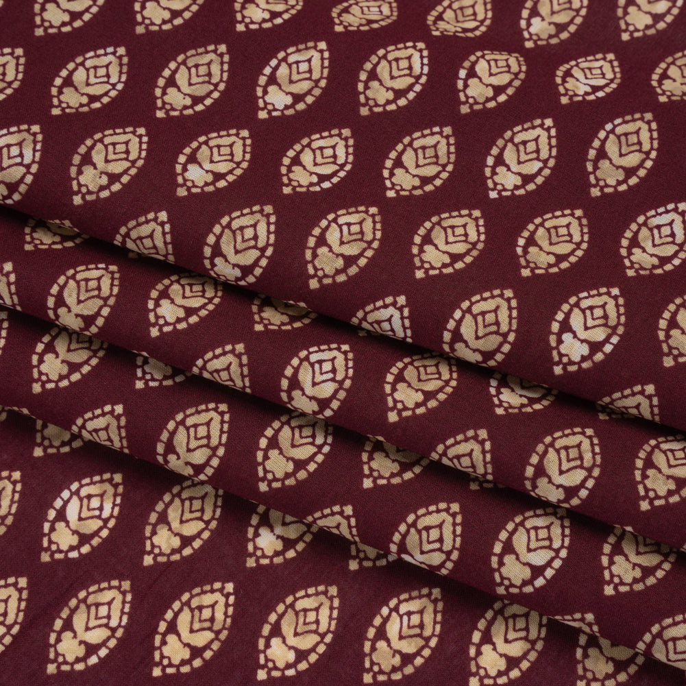 Cotton Voile Print - Wine Red and Tan Brown Floral Motifs - Designer Deadstock - Folded