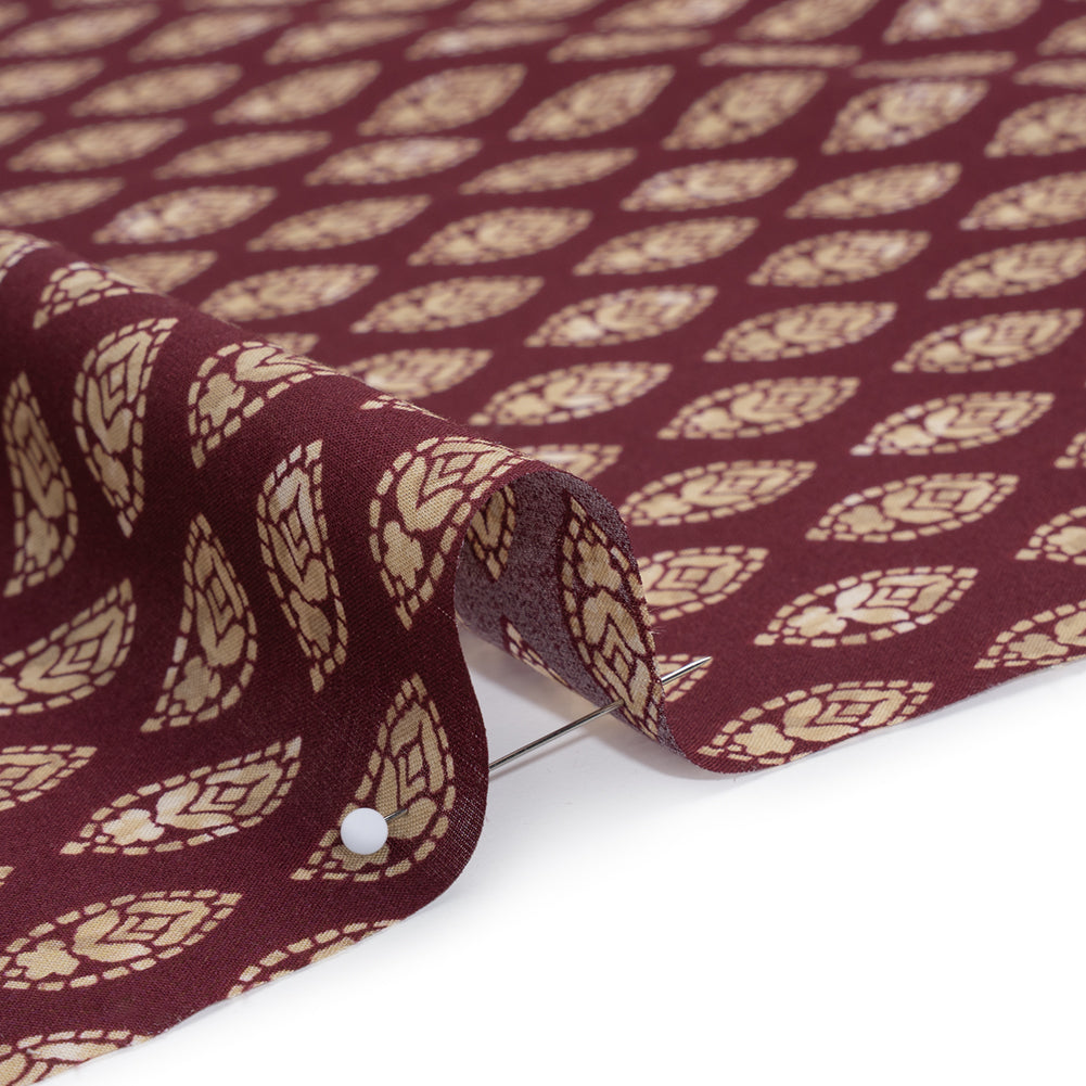 Cotton Voile Print - Wine Red and Tan Brown Floral Motifs - Designer Deadstock - Detail
