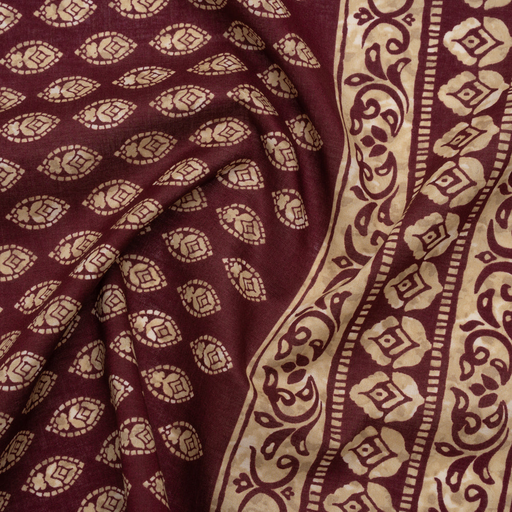 Cotton Voile Print - Wine Red and Tan Brown Floral Motifs - Designer Deadstock