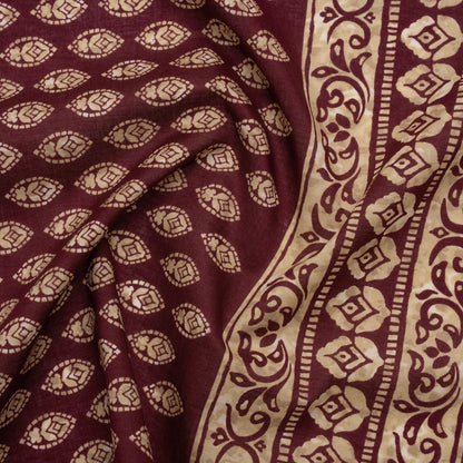 Cotton Voile Print - Wine Red and Tan Brown Floral Motifs - Designer Deadstock