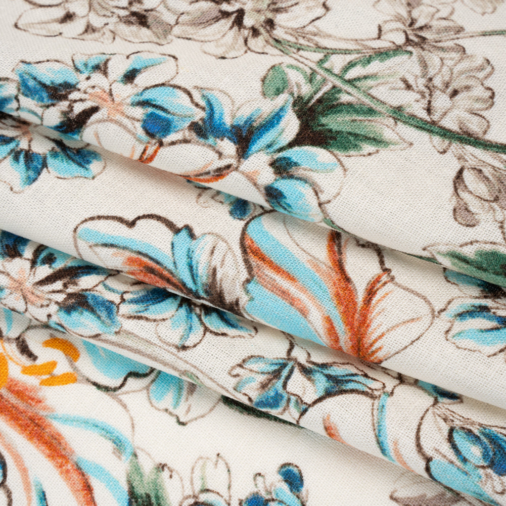 Linen and Rayon Woven Print - Soft Cyan Blue, Brick Red and Cream Floral - Deadstock - Folded