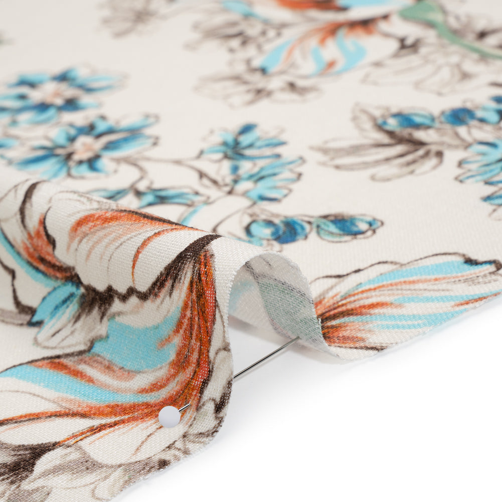 Linen and Rayon Woven Print - Soft Cyan Blue, Brick Red and Cream Floral - Deadstock - Detail