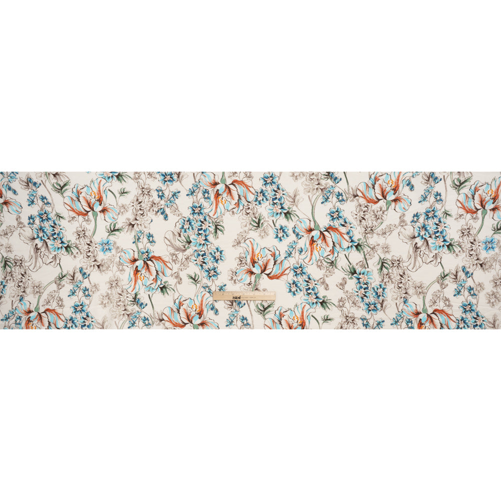 Linen and Rayon Woven Print - Soft Cyan Blue, Brick Red and Cream Floral - Deadstock - Full