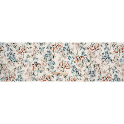 Linen and Rayon Woven Print - Soft Cyan Blue, Brick Red and Cream Floral - Deadstock
