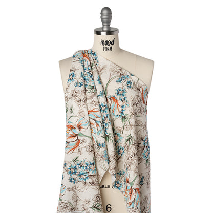 Linen and Rayon Woven Print - Soft Cyan Blue, Brick Red and Cream Floral - Deadstock