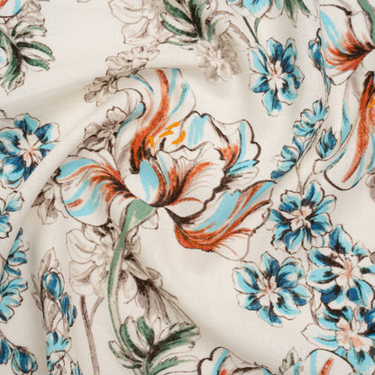Linen and Rayon Woven Print - Soft Cyan Blue, Brick Red and Cream Floral - Deadstock