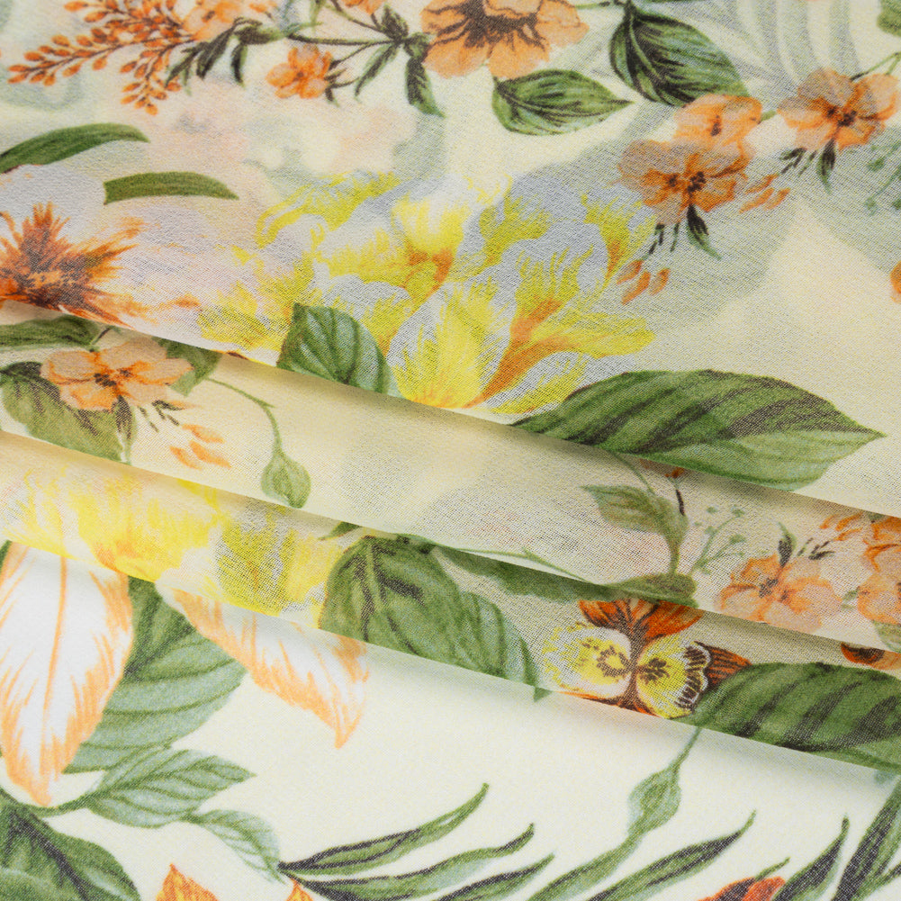 Polyester Chiffon Print - Cream, Flame Orange and Fern Green Floral - Designer Deadstock - Folded