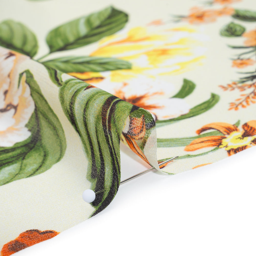 Polyester Chiffon Print - Cream, Flame Orange and Fern Green Floral - Designer Deadstock - Detail