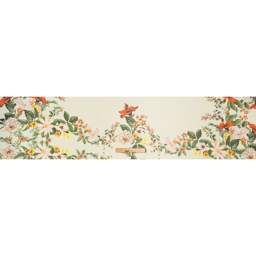 Polyester Chiffon Print - Cream, Flame Orange and Fern Green Floral - Designer Deadstock - Full