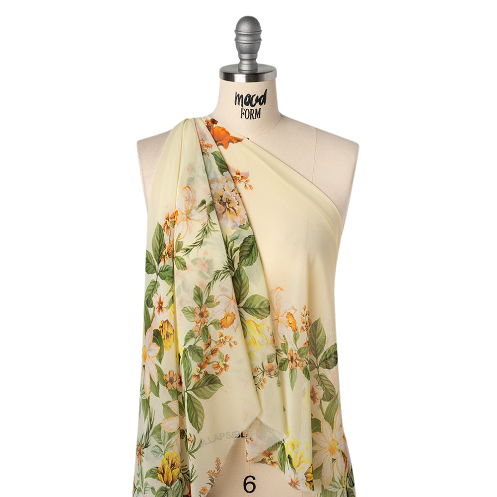 Polyester Chiffon Print - Cream, Flame Orange and Fern Green Floral - Designer Deadstock - Drape