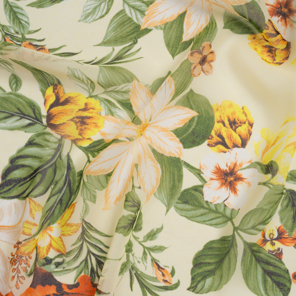 Polyester Chiffon Print - Cream, Flame Orange and Fern Green Floral - Designer Deadstock