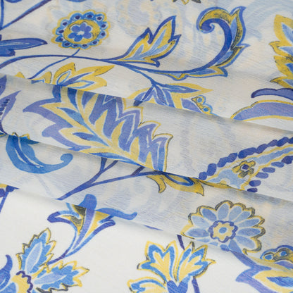 Crinkled Polyester Chiffon Print - Soft Golden Yellow, Ocean Breeze Blue and Cream Paisley and Floral Stripes - Designer Deadstock