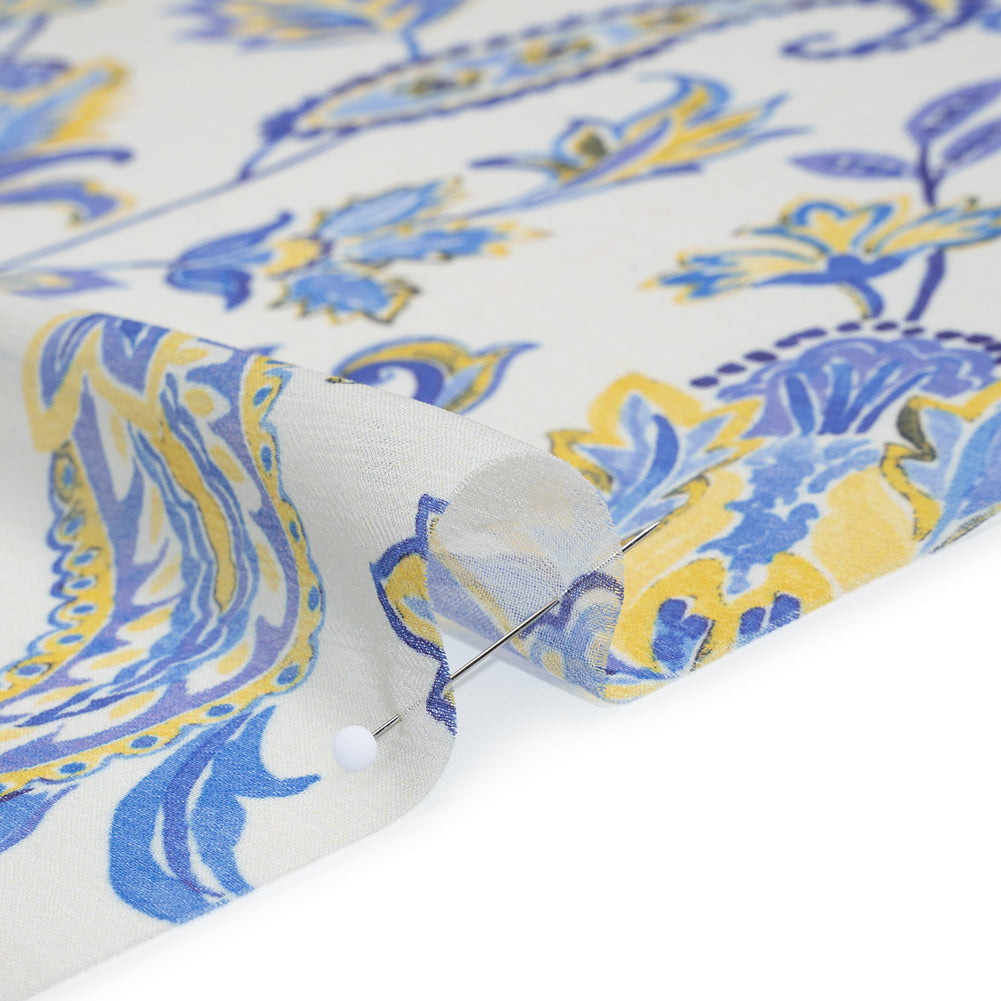 Crinkled Polyester Chiffon Print - Soft Golden Yellow, Ocean Breeze Blue and Cream Paisley and Floral Stripes - Designer Deadstock - Detail