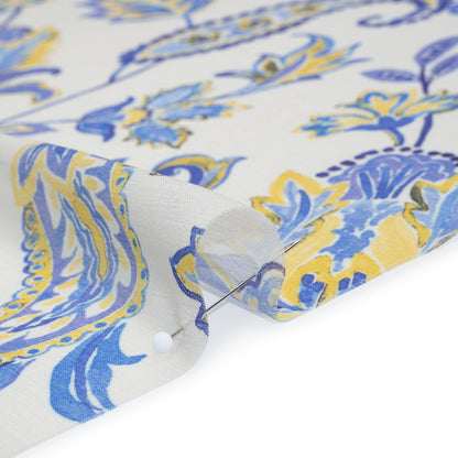Crinkled Polyester Chiffon Print - Soft Golden Yellow, Ocean Breeze Blue and Cream Paisley and Floral Stripes - Designer Deadstock