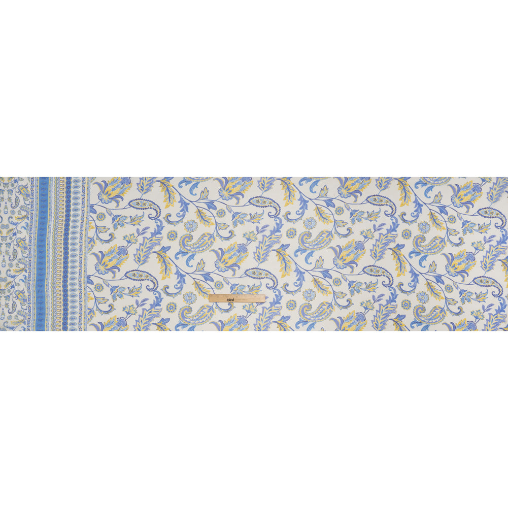 Crinkled Polyester Chiffon Print - Soft Golden Yellow, Ocean Breeze Blue and Cream Paisley and Floral Stripes - Designer Deadstock - Full