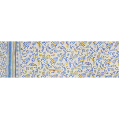 Crinkled Polyester Chiffon Print - Soft Golden Yellow, Ocean Breeze Blue and Cream Paisley and Floral Stripes - Designer Deadstock