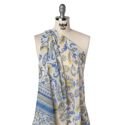 Crinkled Polyester Chiffon Print - Soft Golden Yellow, Ocean Breeze Blue and Cream Paisley and Floral Stripes - Designer Deadstock