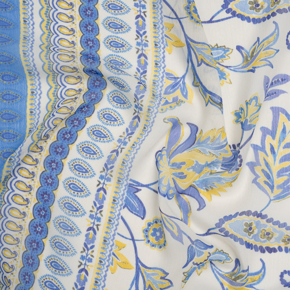 Crinkled Polyester Chiffon Print - Soft Golden Yellow, Ocean Breeze Blue and Cream Paisley and Floral Stripes - Designer Deadstock