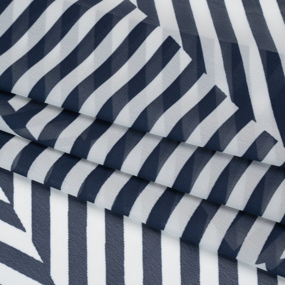 Polyester Chiffon Print - Navy Blue and White Angled Stripes - Designer Deadstock - Folded