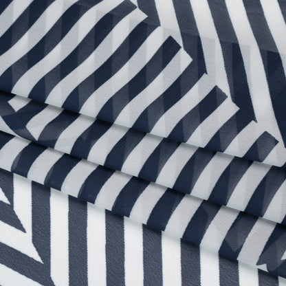 Polyester Chiffon Print - Navy Blue and White Angled Stripes - Designer Deadstock