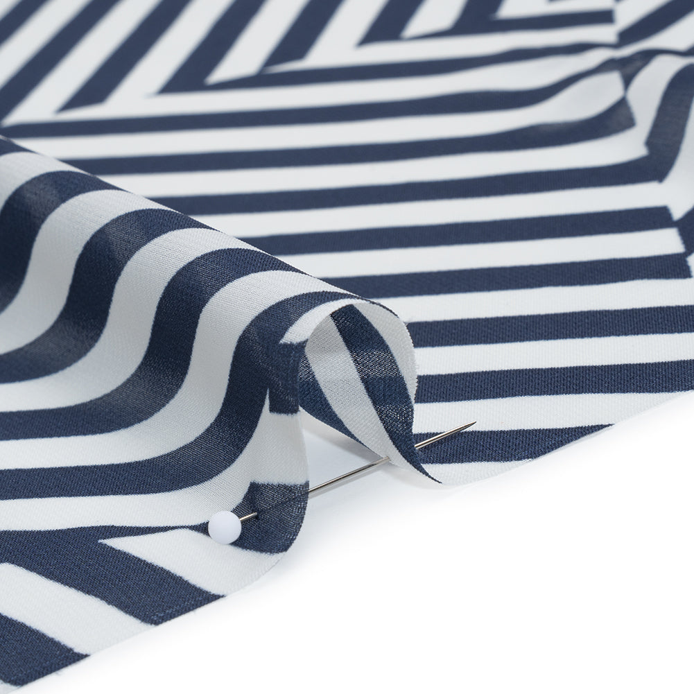 Polyester Chiffon Print - Navy Blue and White Angled Stripes - Designer Deadstock - Detail